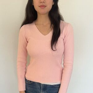 Old Navy Y2K Wool Blend Baby Pink V-Neck Ribbed Sweater Coquette